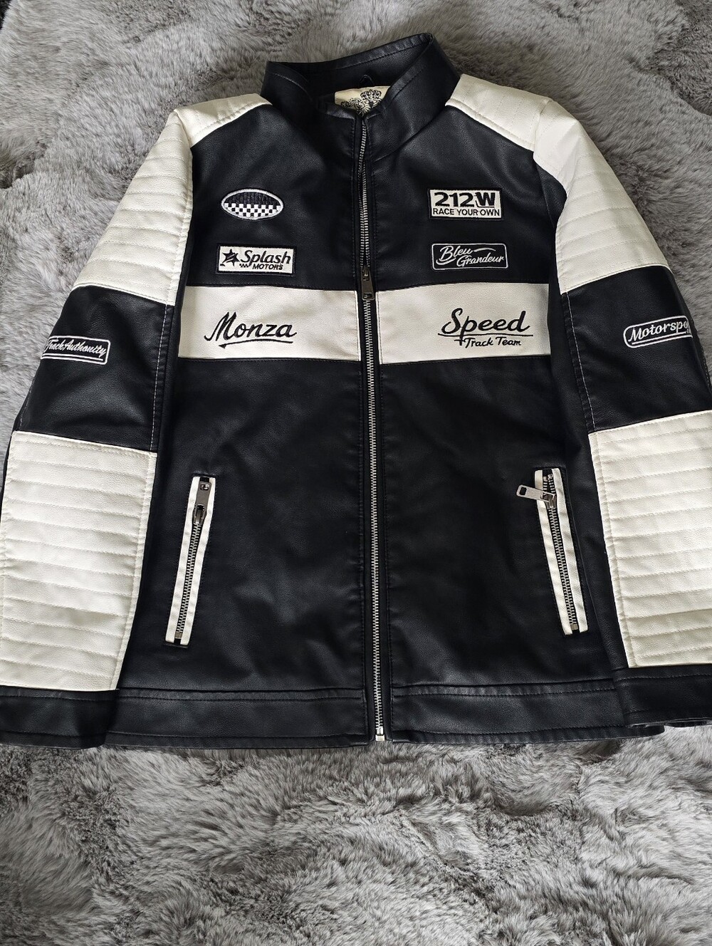 Black and white color-blocked faux leather racing jacket Boys 10-12 NEW